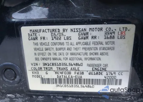 2005 Nissan Sentra 1.8 from USA, damaged, VIN 3N1CB51D35L564860